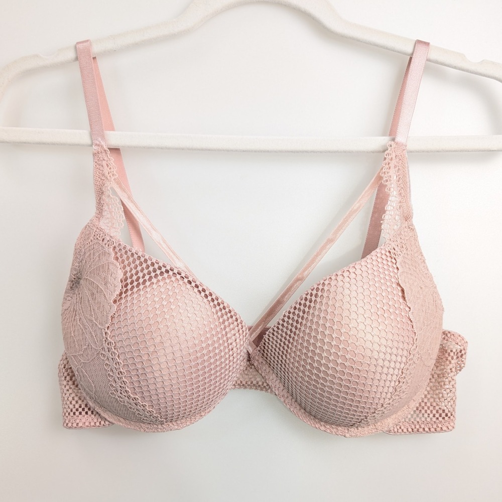 Nanette Lepore Floral Fishnet Lace Mesh Strappy Push Up Bra 36C Pinkโ Underwire